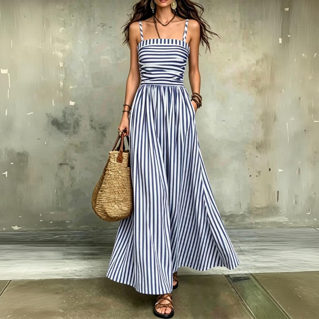 Women's Striped Spaghetti Strap Dress - High Waist A-Line Full Skirt for Summer and Casual Wear