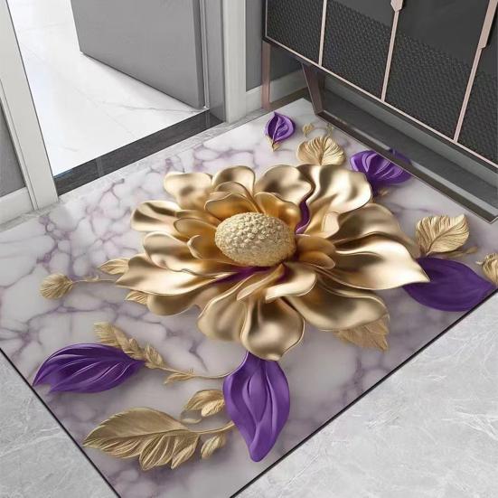 3D Visual Flower Rug Diatomaceous Earth Absorbent Bath Mat Floral Floor Mat with Non-Slip Backing for Entrance Kitchen Bathroom Shower