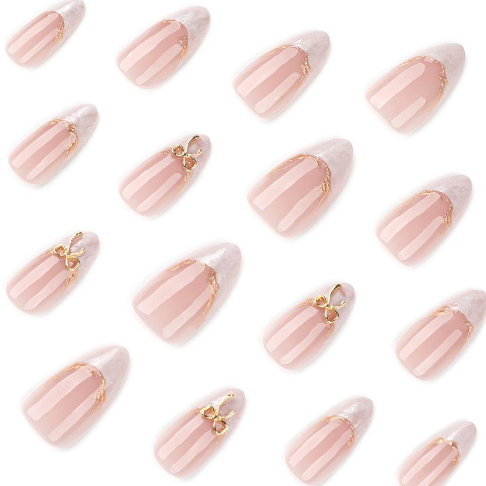 24pcs Long Almond Fake Nails Metallic Bow Press On Nails Manicure False Nails  DIY