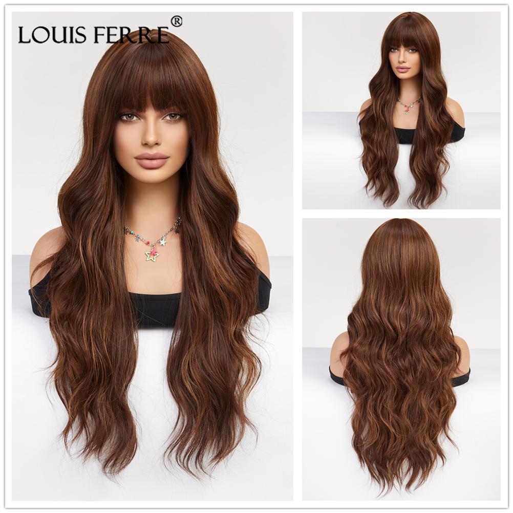 ALAN EATON Ombre Schwarz Braun Lange Wellen Haar Perücken mit Pony Für Schwarze Frauen Hitzebeständige Faser Synthetische Perücken Cosplay Party