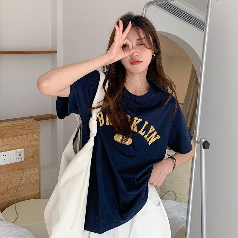 

Женская футболка из хлопка с принтом в ретро-стиле Гонконга - 220 г, с коротким рукавом, свободного повседневного кроя для лета XL темно-синий