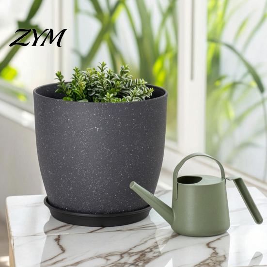 Indoor Planters for Plants Modern Plant Pot with Saucer, Gray Flower Decorative Pots Spaces Drainage Holes, Stone-Look Planter Outdoor Durable