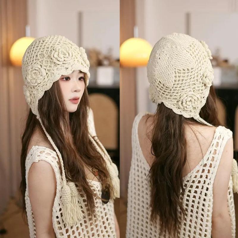 Herbst- und Winter-Doppellagen-Handhäkel-Strickmütze Böhmische Wollmütze mit Fransen Literarischer Mode-Trendhut