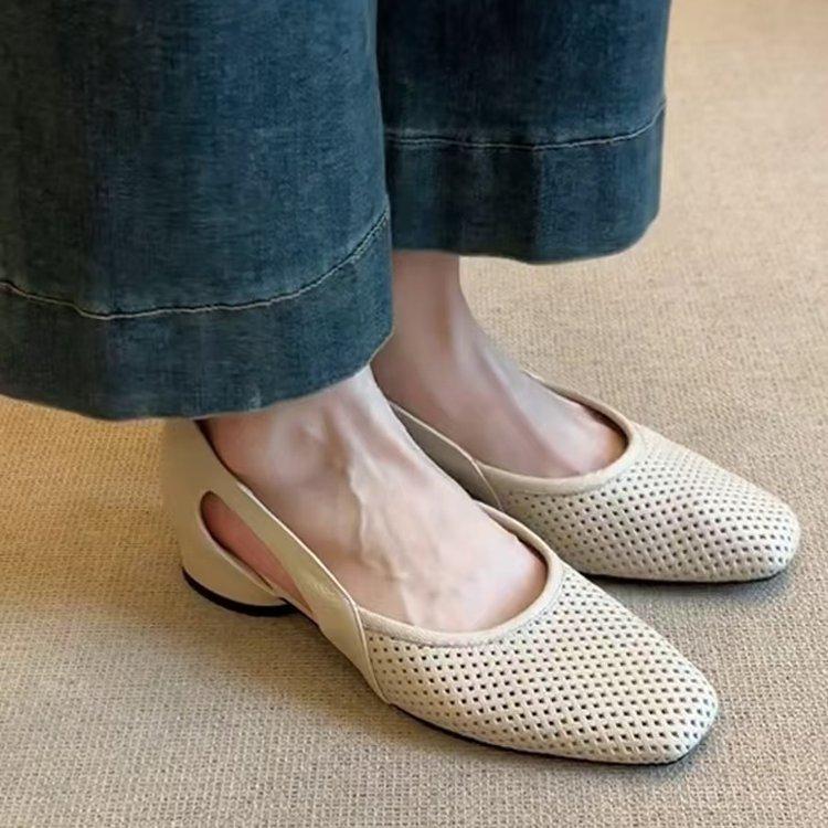 Soft leather version~ French cool single shoes women's square head hollow hole shoes retro shallow mouth hollow breathable Mary Jane shoes