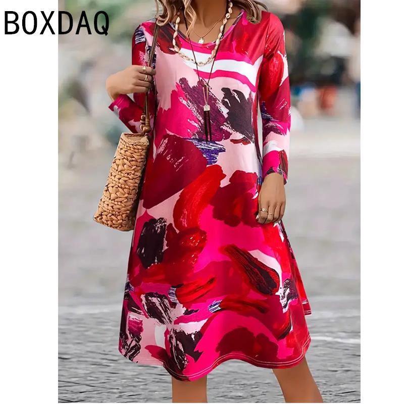 Large Size Women Casual Dress Autumn Long Sleeve O-neck Loose Mini Dress 3D Vintage Gradient Multi Color Printed A-Line Dress