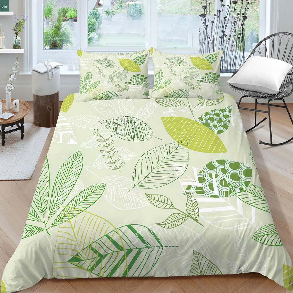 Familiesengetøy Enkelt Dobbeltseng Full Størrelse Plantetrykkserie Sengetøy Bladmønster Putetrekk og Dynetrekk Vaskbart Hjemmedekorasjon