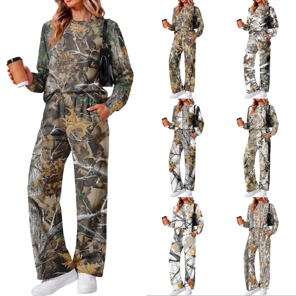 Women's Color Casual Round Neck Loose Fit Sweatshirt and Pants Set