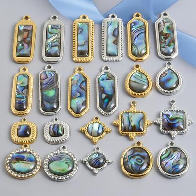 4pcs Real Natural Abalone Shell Enamel Pendant Stainless Steel Charms For Jewelry Making Supplies Rhinestone Rectangle Materials