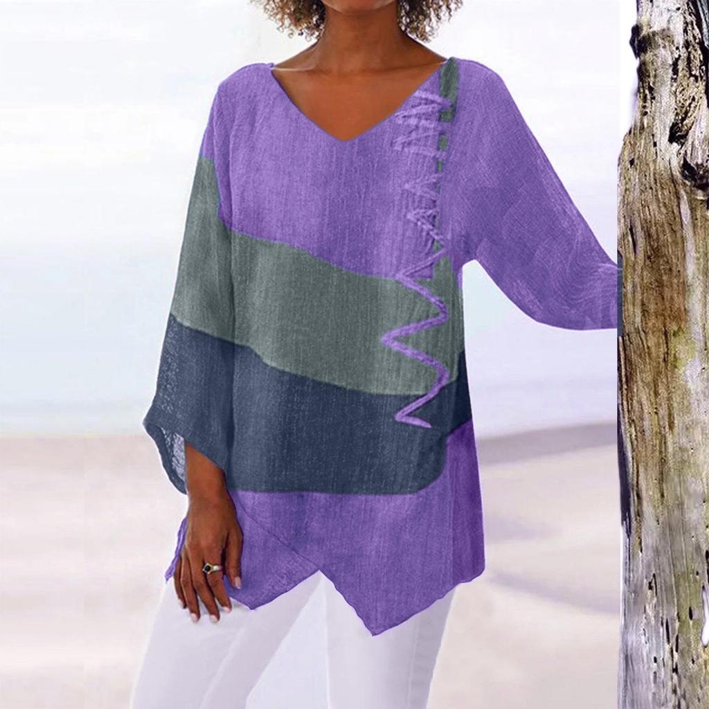Top Retro Autunnale con Scollo a V e Stampa Artistica a Maniche Lunghe da Donna