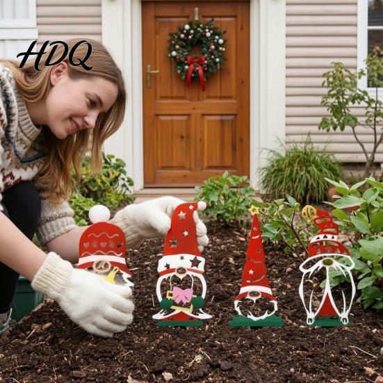 Outdoor Christmas Yard Signs 4Pcs Metal Gnome Garden Stakes Decorative Iron Signs Weather Stakes Resistant Sculptures for Lawn Flower Bed & Holiday