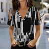 Women V Neck Cold Shoulder Blouse White Country Rock Letter Leopard Stripe Print Short Sleeve Top