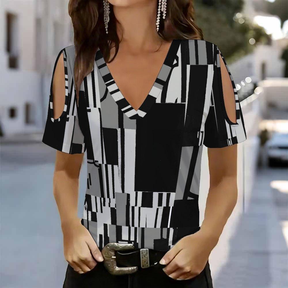 Women V Neck Cold Shoulder Blouse White Country Rock Letter Leopard Stripe Print Short Sleeve Top