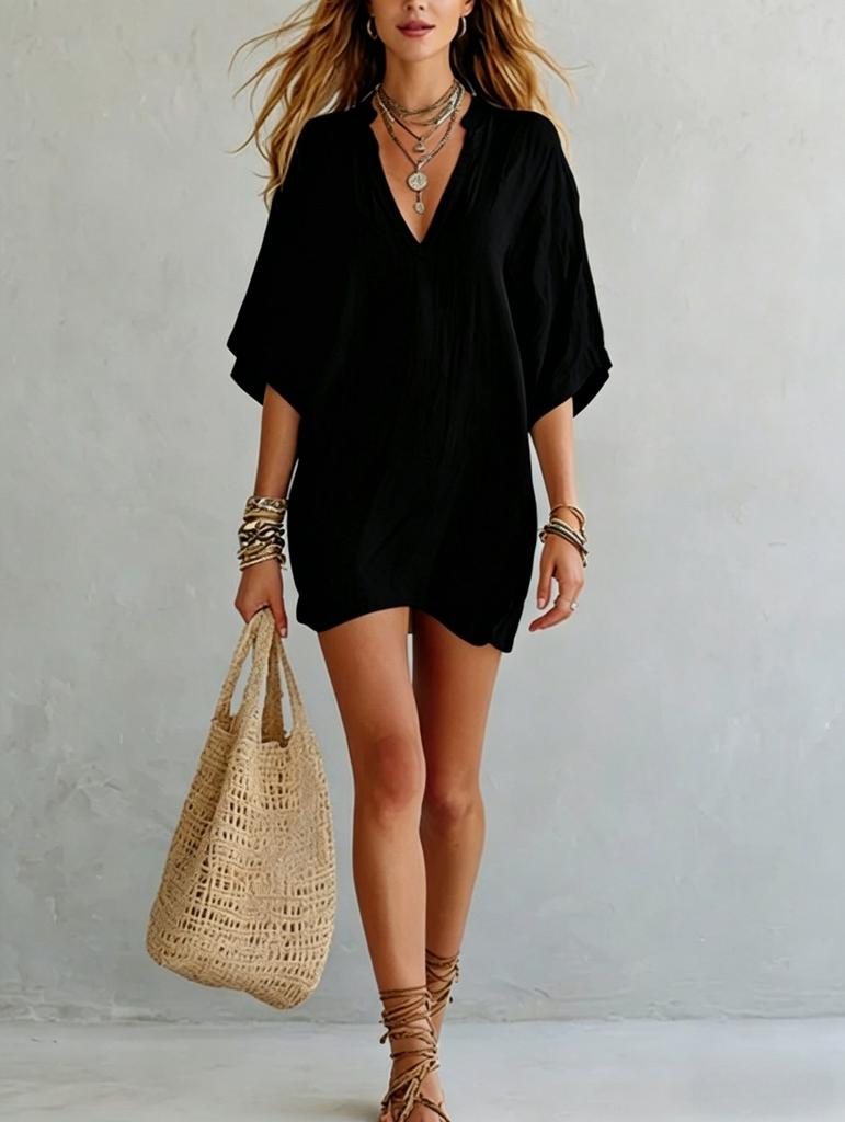 Women's White V Neck Mid Sleeve Bohemian Dress Knee Length