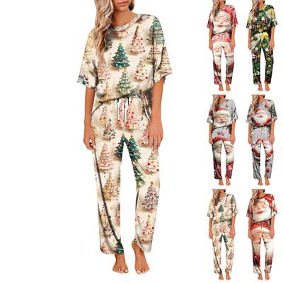 Women's Ice Silk Satin Christmas Print Pajama Set Short Sleeve Shirt And Long Pajama Pants Set Soft Home Clothes