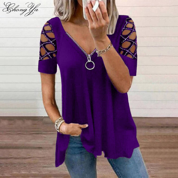 Ladies Short Sleeve Tops V Neck Zipper Shirt Ladies Hollow Solid Color Loose T Shirt Big Size Cotton Shirt