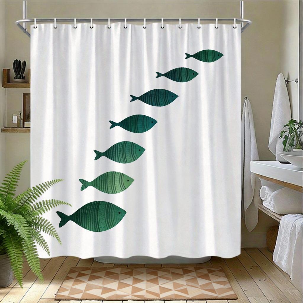 Minimalist Fish Shower Curtain 180x180cm – Stylized Blue Geometric Pattern, Abstract Bathroom Decor, 12 Hooks