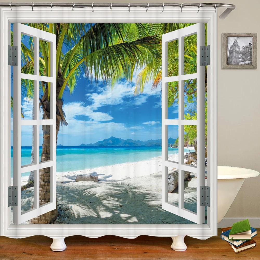3D Window Opening Scenery Beach Landscape Printing Shower Curtain Washable Fabric Curtain Bathroom Decoration with Hook Curtain