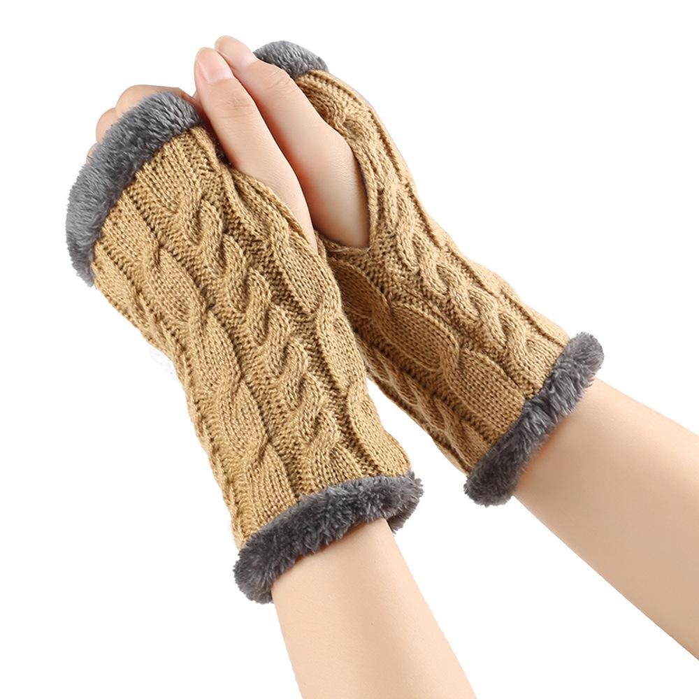 Solid Color Knitting Fingerless Plush Gloves Arm Warmers Thicked Gloves Autumn Winter Mittens For Adult