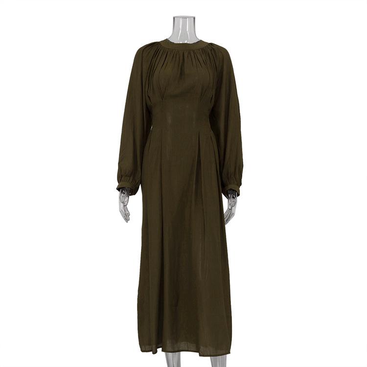 Women's Casual Long Lantern Sleeves Dress Elegant Crew Neck Spring Fall Dress Bohemian Relaxed Fit Solid Color Flowy Maxi Dresses for Women