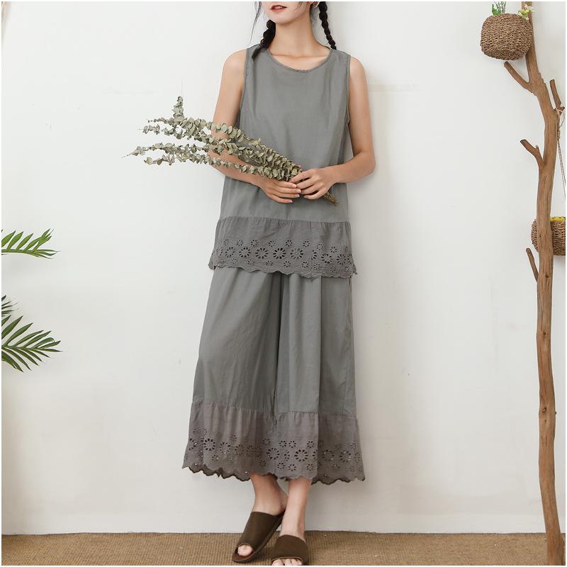 

Johnature Повседневные брюки с широкими штанинами Летние прямые брюки Свободные Вышитые с вырезами Женские брюки One Size темно серый