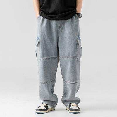 Herren-Jeanshose, verstellbarer Kordelzug, gewaschener Stoff, Jeanshose mit Taschen, lockere, einfarbige Jeans