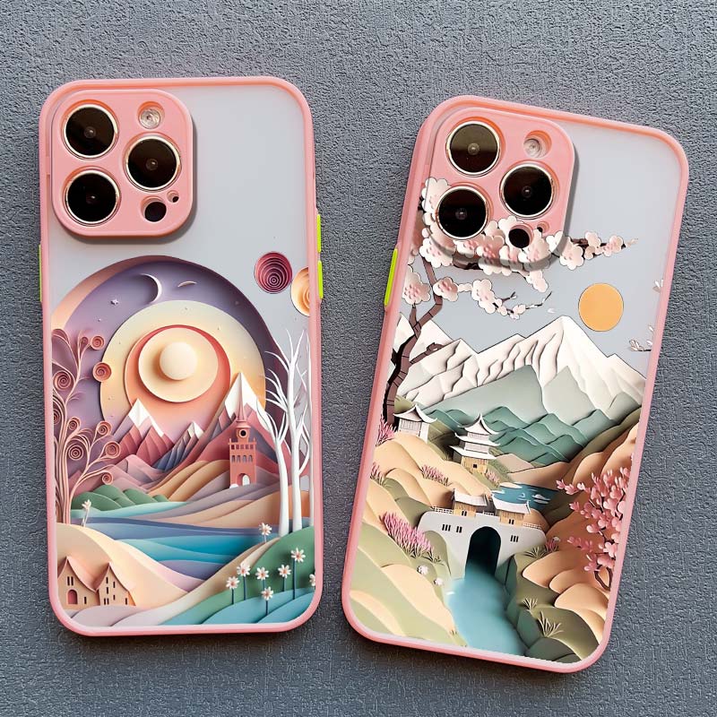 2D Printing Landscape Phone Case For iPhone 16 14 Pro 13 Mini 15 7 8 Plus SE2 XS X XR 12 Pro Max Creative Mountains Back Cover