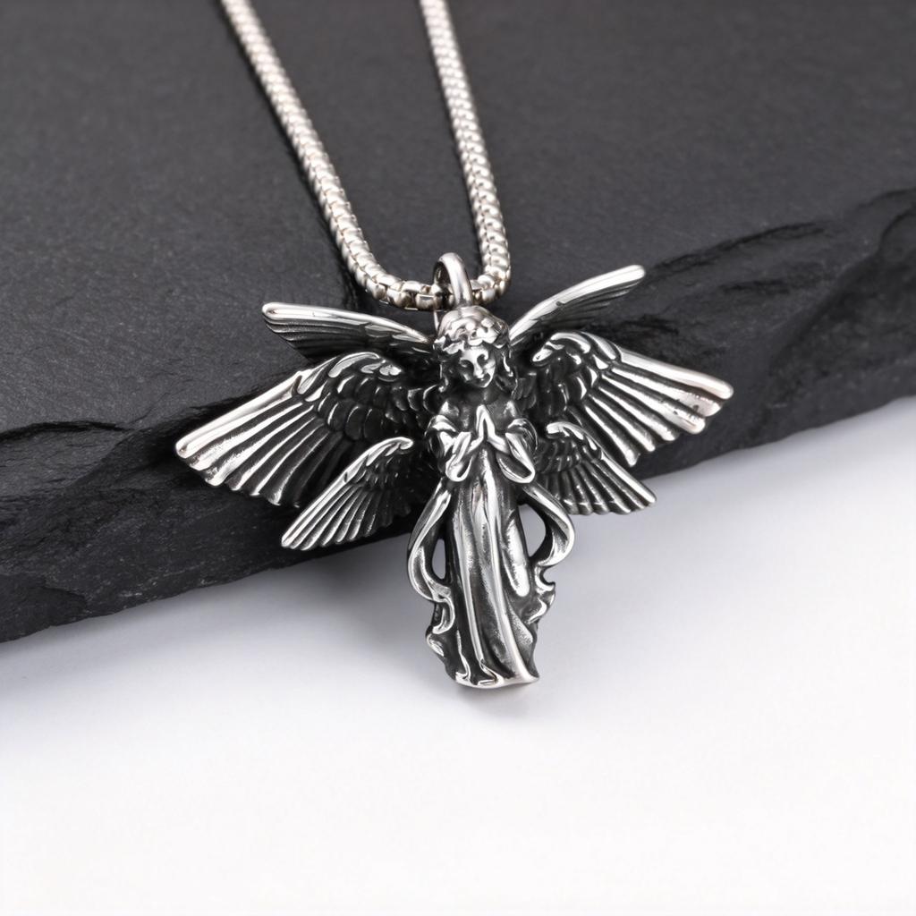 Punk Six Winged Angel Necklace for Men,High Quality Stainless Steel 3D Angle Pendant Necklace,Vintage Streetwear Jewelry Gift
