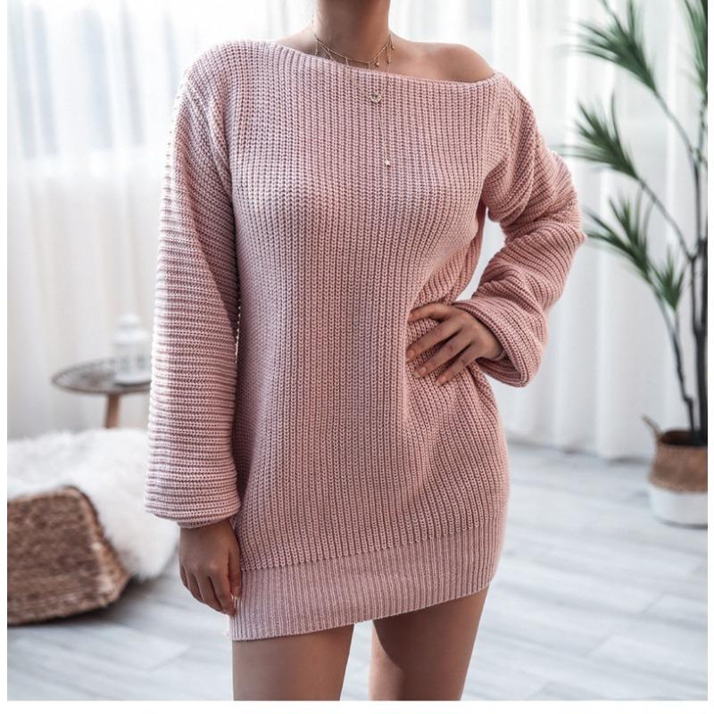 2025 New Autumn Winter Solid Color Loose Woolen Dress Long Sleeve Slash Neck Casual Knitted Mini Dresses