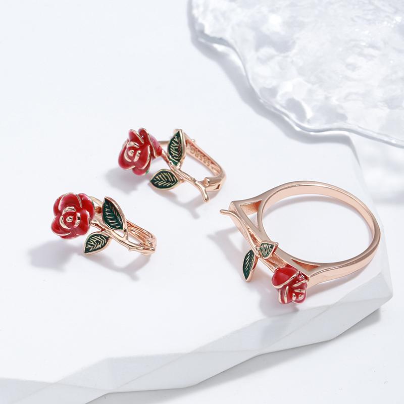 New Creative Rose Earrings For Women  Rose Gold Color Red Enamel Fashion Fine Jewelry Party Cute Vintage Drop Earrings