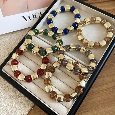 Popular 2026 Two Tone Sequined Acrylic Beads Irregular Geometric Elastic Strand Bracelets for Women Anniversary Gift