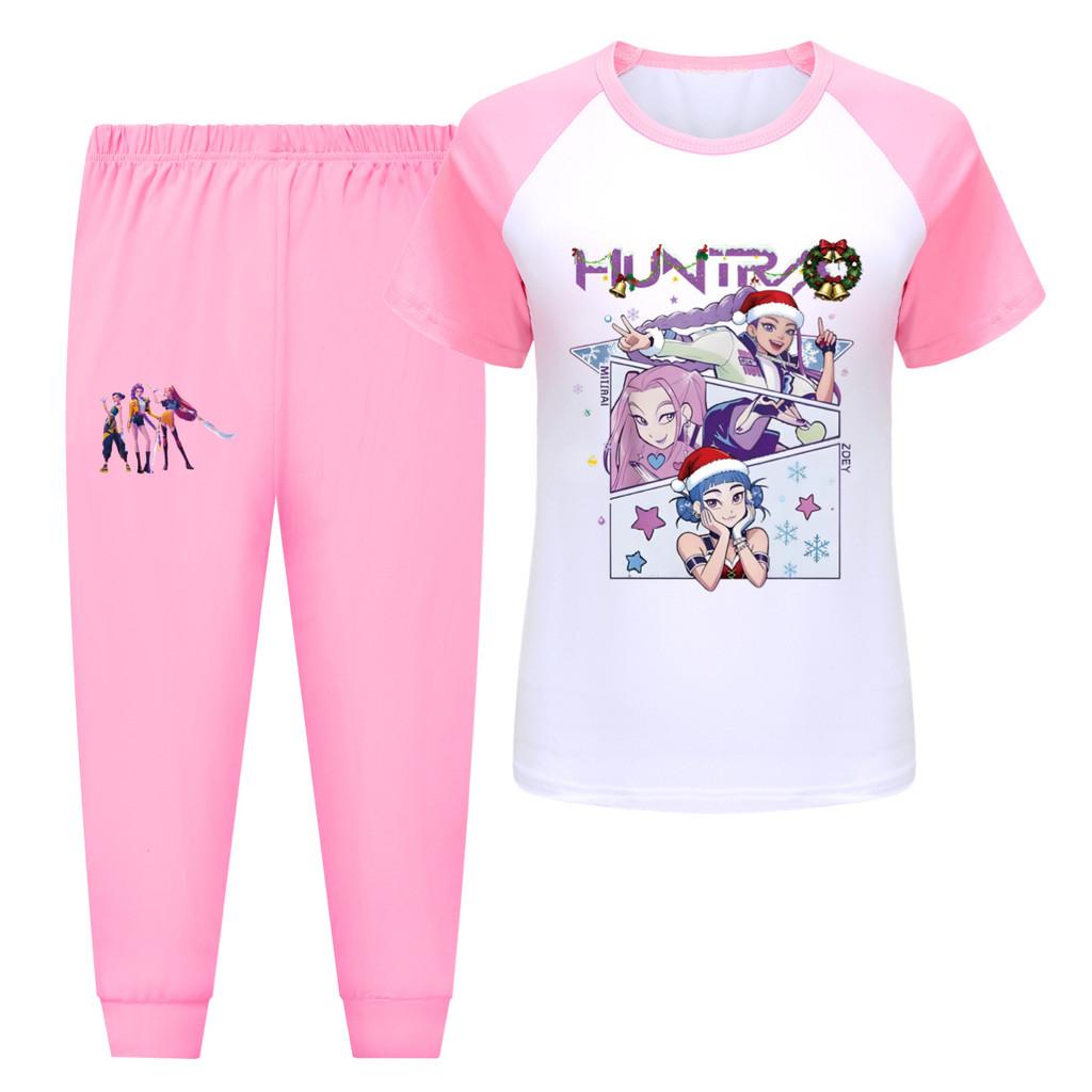 

5095 Kids Girls Rumi Zoey Mira Hunters Print T-shirt Pants Trouser Clothes Set 170cm рожевий