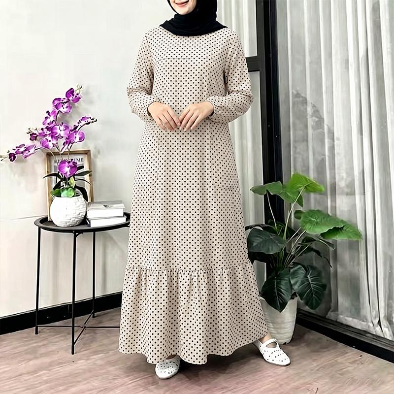 ZANZEA Women Muslim Casual Round Neck Long Sleeve Loose Polka Dot Print Dress