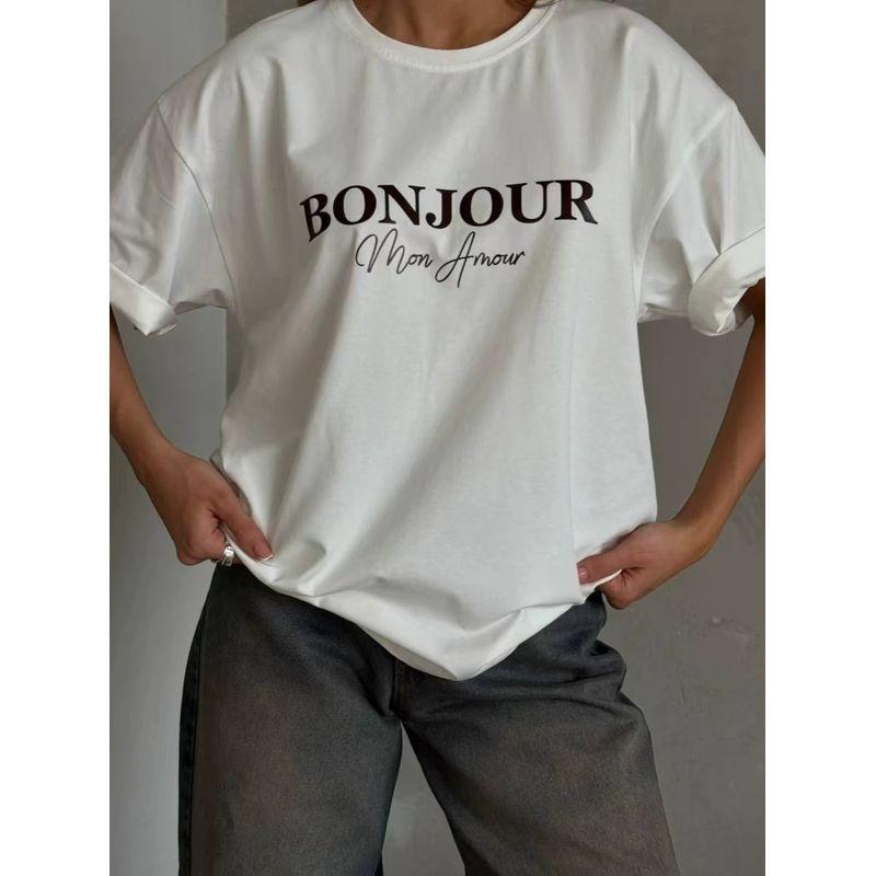 Printed T-shirt Top Western Style New Fashion Casual Loose round Neck Print Cotton T-shirt Top