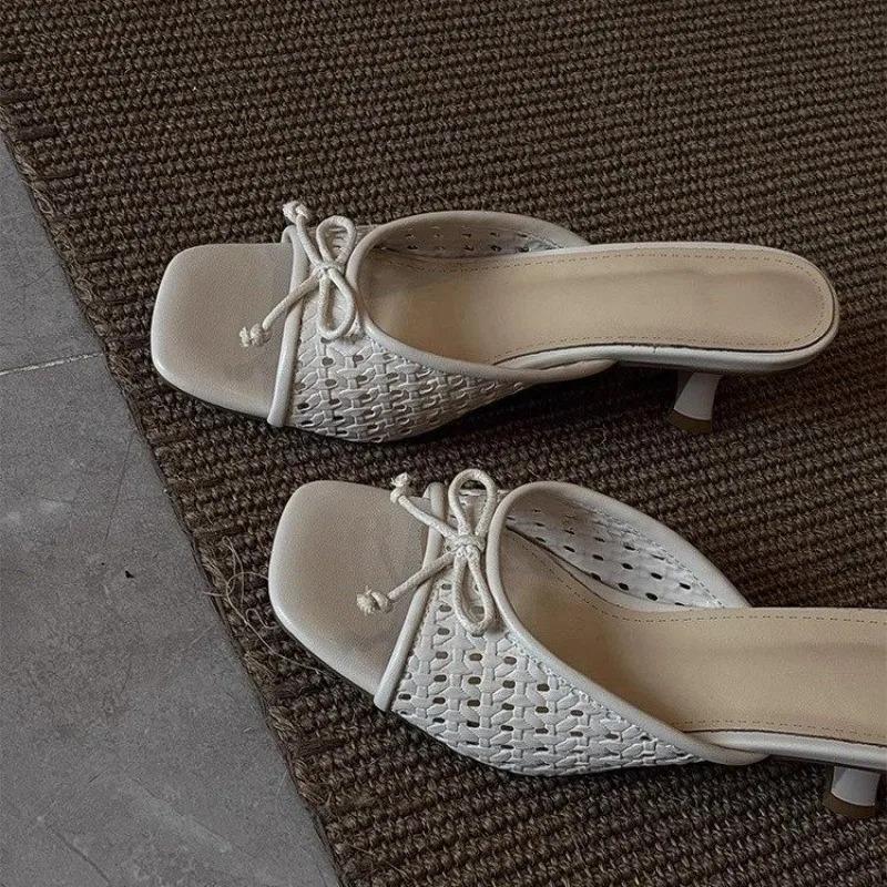 2025 New Summer Women Square Toe High Heel Slippers Fashion Butterfly-knot Dress Slide Ladies Evening Party Sandalias