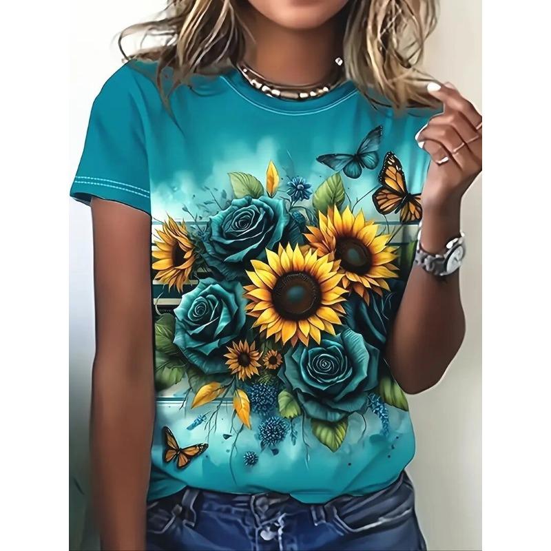 Women's Plus Size 3D Floral Printed Short Sleeved T-shirt, Loose and Casual, Soft, Comfortable and Breathable, Outdoor Sports
