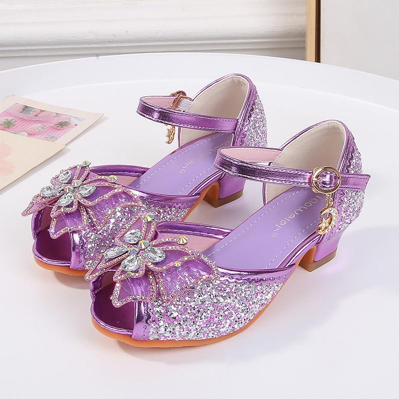

Girls Rhinestone Bow High Heel Sandals - Shiny Summer Princess Elsa Shoes EU 37 / Insole 23 cm