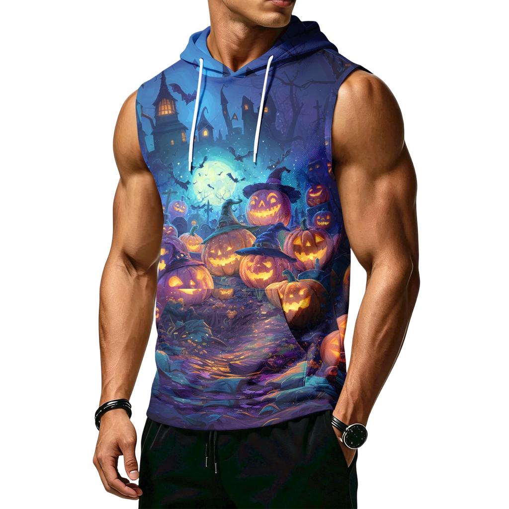 Men's Halloween Print Hooded Tank Top Casual Sleeveless Vest with Pockets Drawstring