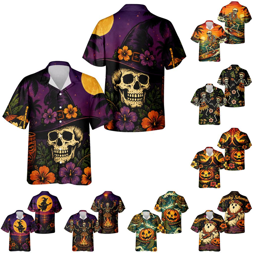 Men's Short Sleeve Casual Button Down Shirt Halloween Print Relaxed Fit Collared Shirt Lightweight Breathable Fabric