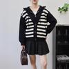 Fake Two-piece Hooded Striped Sweater Jacket Women's Autumn and Winter New Design Loose-knit Double-sided Woolen Cardigan