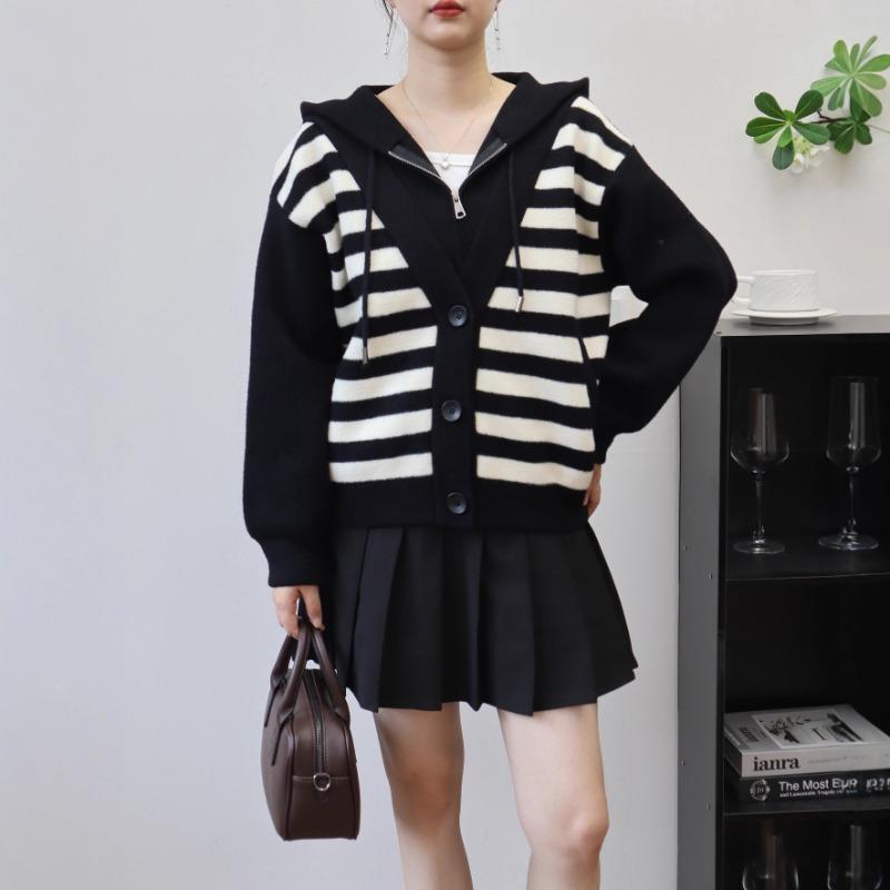 Fake Two-piece Hooded Striped Sweater Jacket Women's Autumn and Winter New Design Loose-knit Double-sided Woolen Cardigan