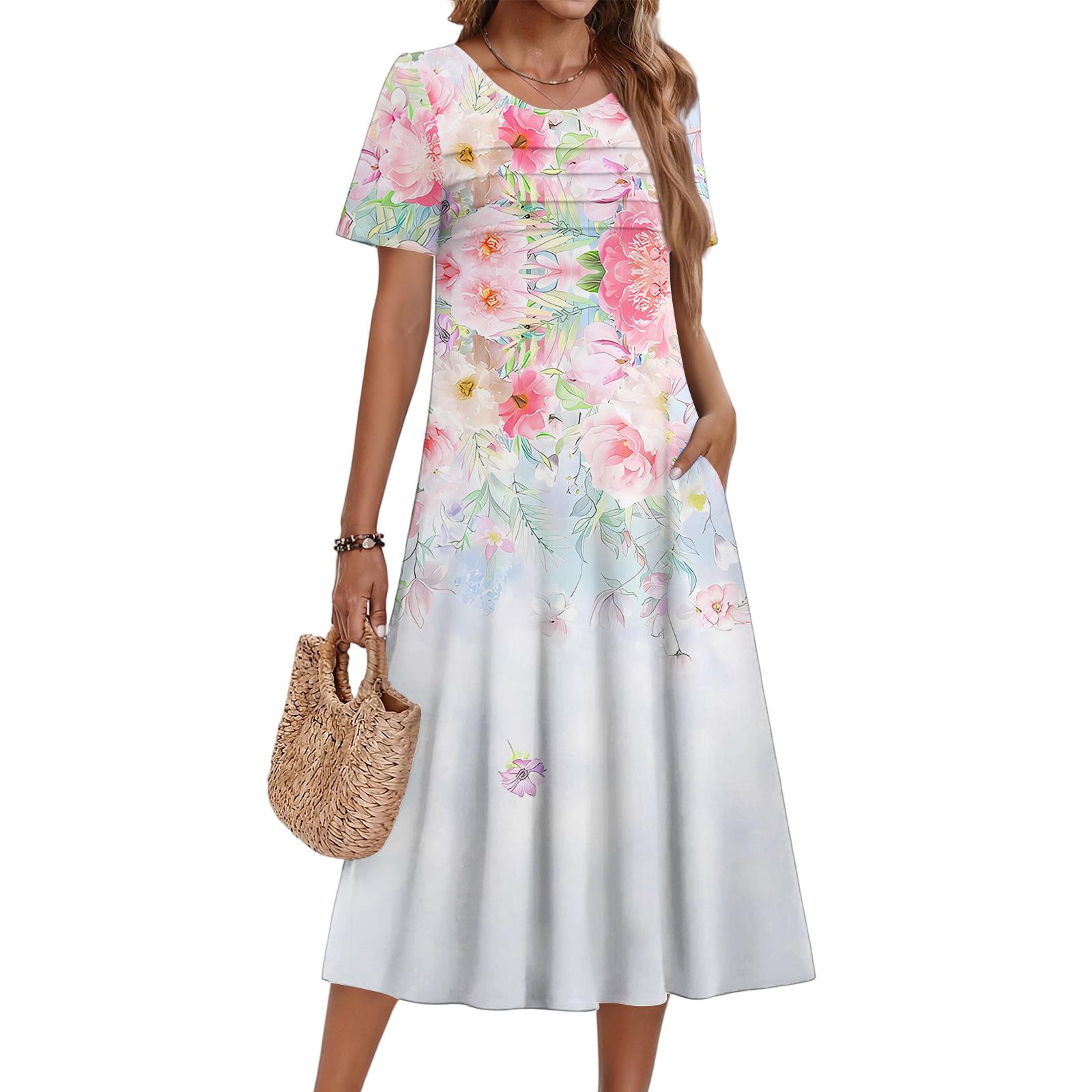 

Ladies Floral Printed Casual And Fashionable Short Sleeved Round Neck Dress XXXL рожевий