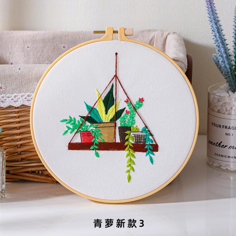 Pacote de Material para Bordado Artesanal DIY Estilo Europeu, Endro Verde Verde, Cesta Suspensa de Endro Verde, Flor de Cacto e Grama Conjunto de Agulha e Linha