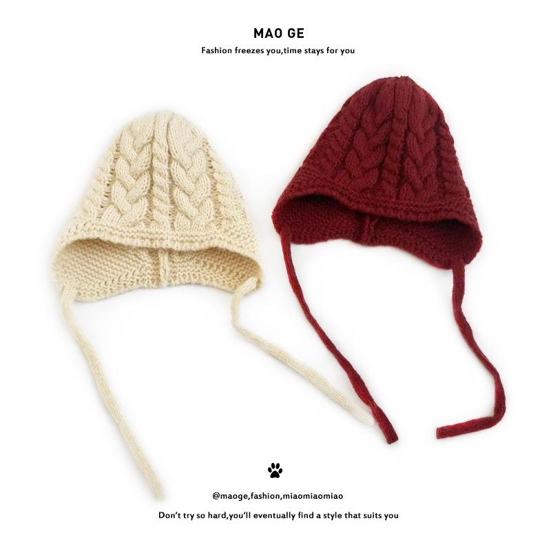Cappello a Cuffia con Pompon in Stile Coreano 'Cat Brother' Personalizzato per Bambini e Bambine - Caldo Cappello Invernale in Lana Retrò