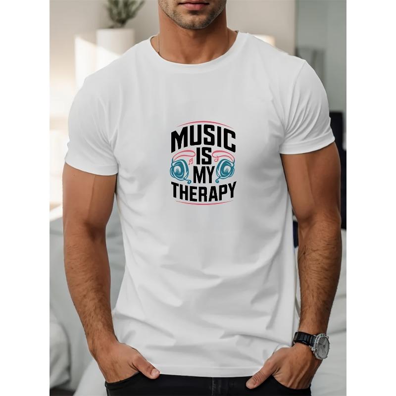 

Мужская летняя повседневная футболка с коротким рукавом с надписью MUSIC IS MY THERAPY , круглый вырез, свободный крой, оверсайз, стильная, повседневная, модная S белый