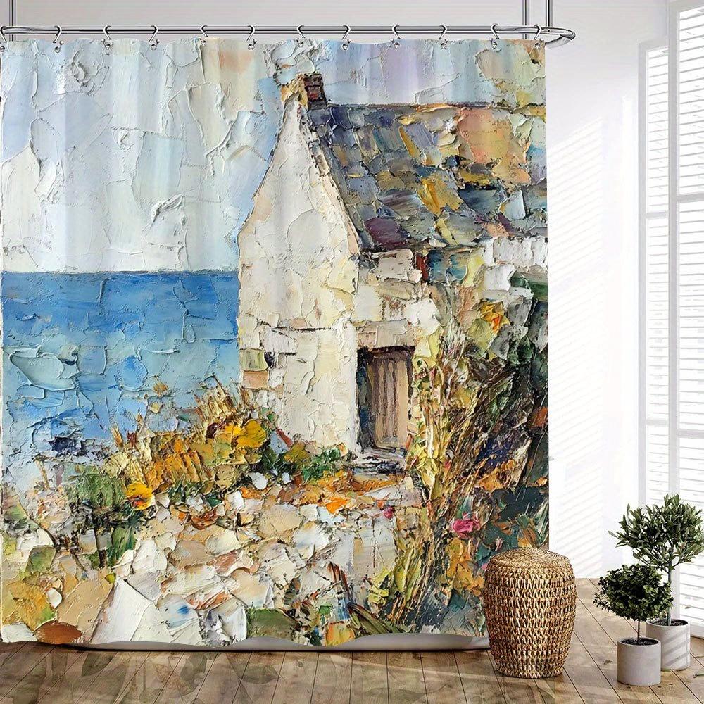 

1Pc Extra Large Coastal House Shower Curtain - Rustic Cottage Bathroom Decor With Vivid Blue Sea, Wildflowers & Stone Walls W60H190(CM)-1 Pcs