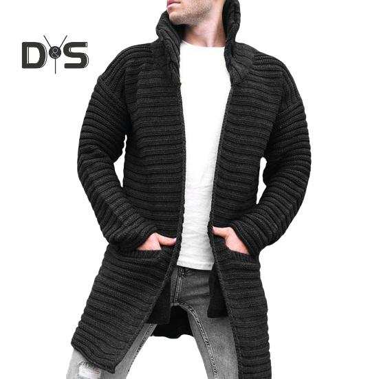 

Мужской кардиган, пальто, вязаный свитер с высоким воротником, длинными рукавами, теплыми карманами, пальто средней длины, однотонная осенне-зимняя куртка M чёрный