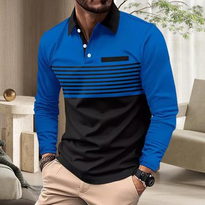 Camisa masculina primavera outono abotoada gola virada para baixo cor contrastante listrado estampa manga comprida pulôver comprimento médio casual negócios top