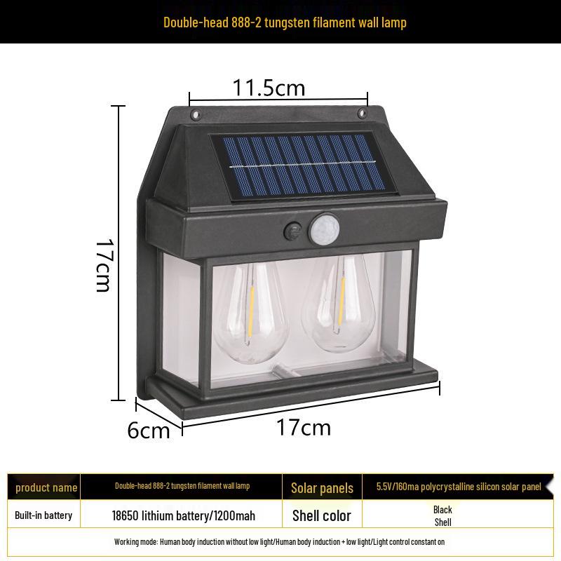 Solar Outdoor Wall Light with Human Body Sensor, Three Modes, Tungsten Filament, Waterproof for Garden or Villa Night Lighting.