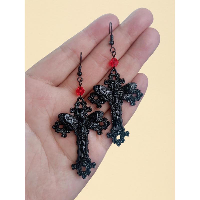 Gothic Dark Punk Moth Cross Earrings - European and American Style