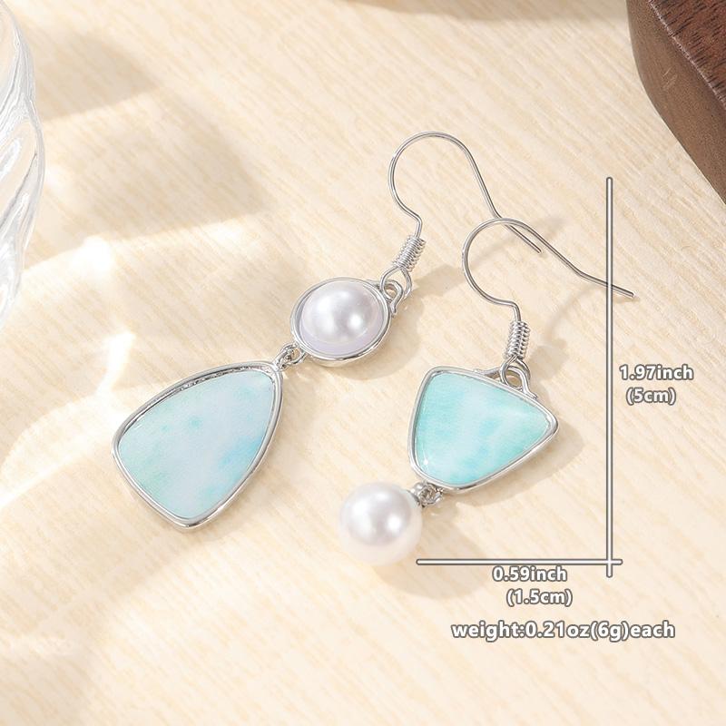 Ethnic Round Inlaid Imitation Pearls Women's Earrings Vintage Silver Color Paste Light Blue Pattern Dangle Earrings Woman
